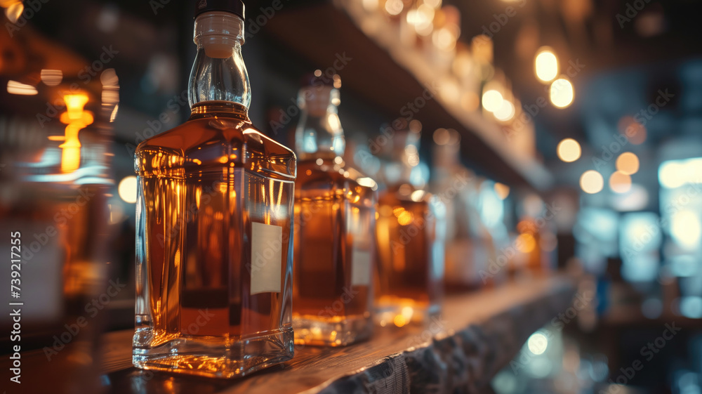 Whiskey bottles lined up on bar with warm lighting Whiskey bottles lined up on bar with warm lighting