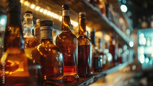 A shelf of various liquor bottles in warm ambient lighting