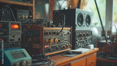 Vintage radio communication equipment on a desk photo