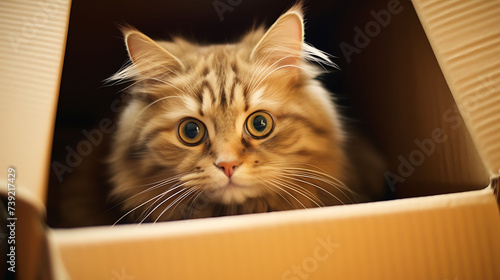 A cat in a cardboard box.