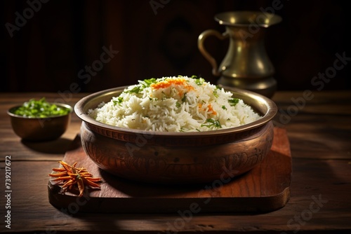 a bowl of rice on a wooden surface