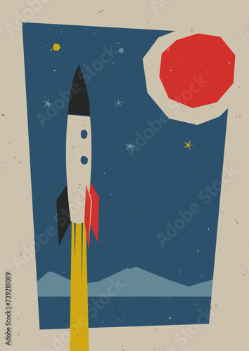 Space and Space Rocket Abstract Illustration 1950s - 1960s Cosmic Age Style Poster