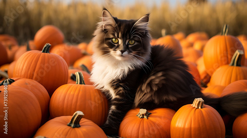 A cat in a pumpkin patch.