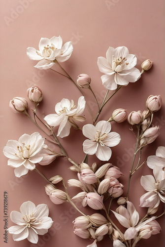 White flowers pattern on dusty pink background. Aesthetic Botanical poster  floral card. Minimalism 