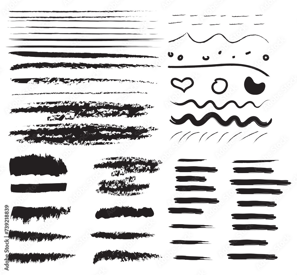 Hand-drawn brush raw textured shapes. Black ink random hand drawn scribbles set isolated on white background. Vector illustration