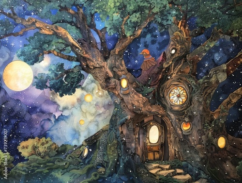 Enchanted tree with gnome doors and windows starlight revealing secrets