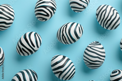  zebra pattern eggs on pastel blue background. 