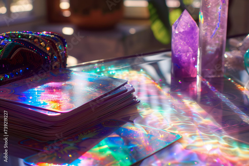 holographic deck of tarot cards on the table. 