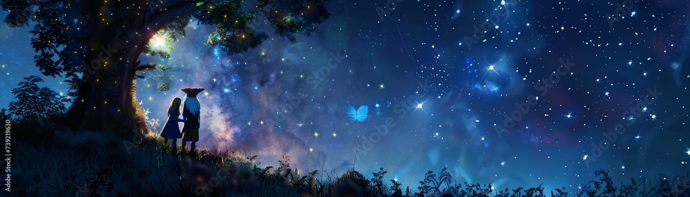 Gnome and fairy sharing secrets under a canopy of stars magical night - obrazy, fototapety, plakaty 