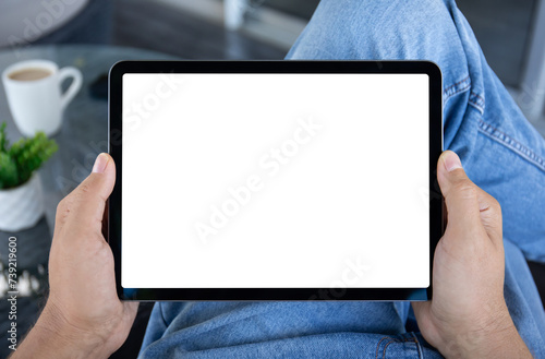 male hand hold computer tablet with isolated screen in cafe