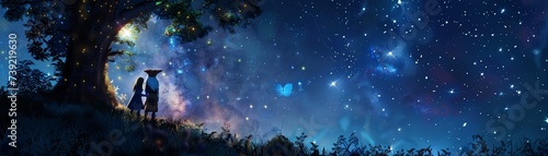 Gnome and fairy sharing secrets under a canopy of stars magical night photo