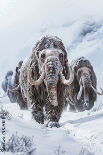Woolly mammoths, prehistoric animals in frozen ice age landscape. Ice age megafauna.