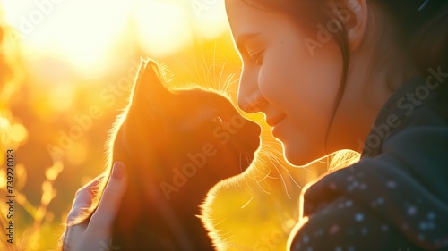Girl and cat touching noses in sunset