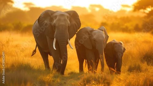 A family of elephants in the golden light of the savanna