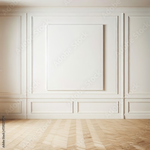 White wall raised paneling background with parquet floor. Mock up room.