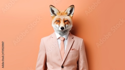 Friendly fox in formal suit at corporate office, studio shot on plain wall, creative concept.