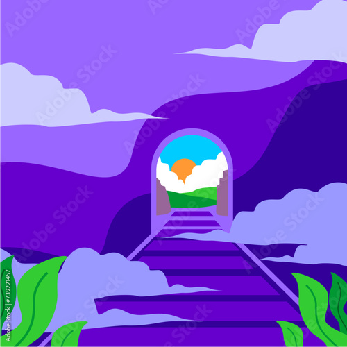 illustration of a landscape a rail from dark atmosphere to beautiful view for poster or background design