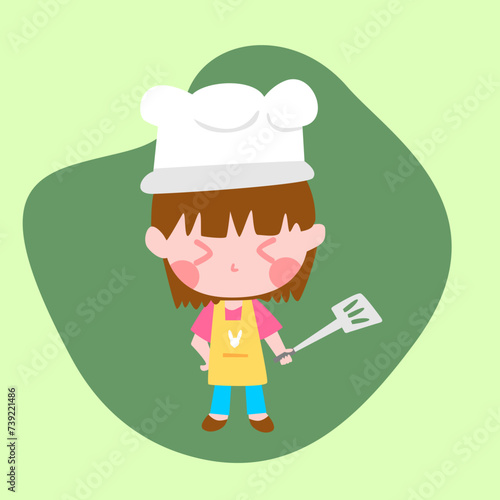 happy cute little girl kids wear chef uniform and cooking with spatula