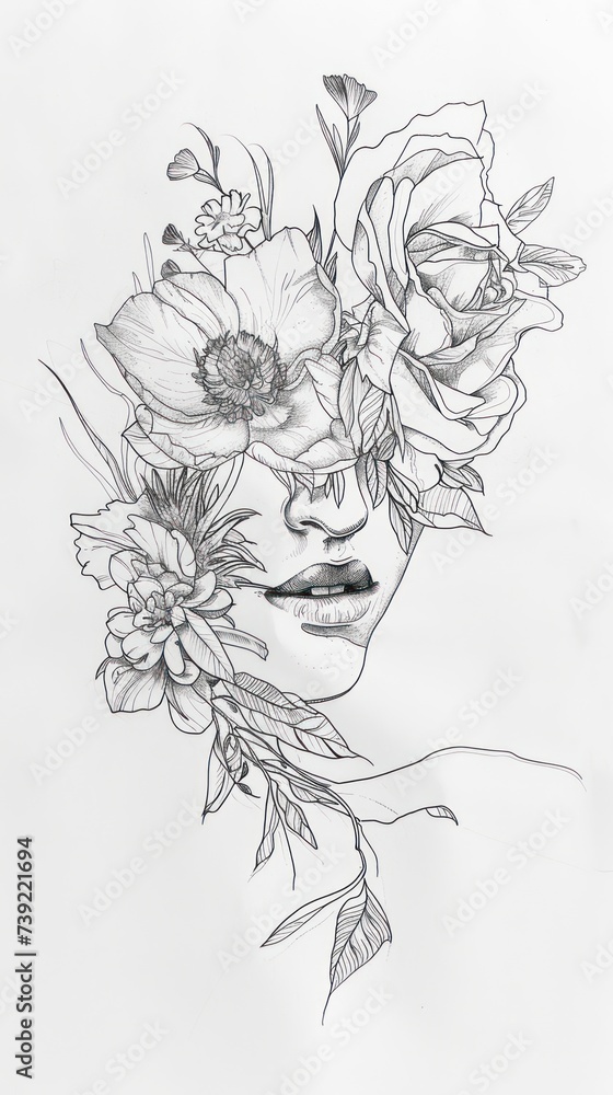 Beautiful woman face with floral outlines. Drawing with lines. Tattoo sketch Beautiful woman face with floral outlines. Drawing with lines. Tattoo sketch