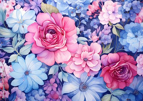Wild Flowers bloom watercolor blue and pink pattern
