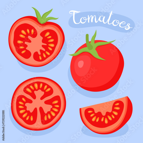 Tomatoes. Fresh vegetable. Ingredient for cooking. Healthy, diet vegetarian product. Half, slice and whole of red tomatoes. 