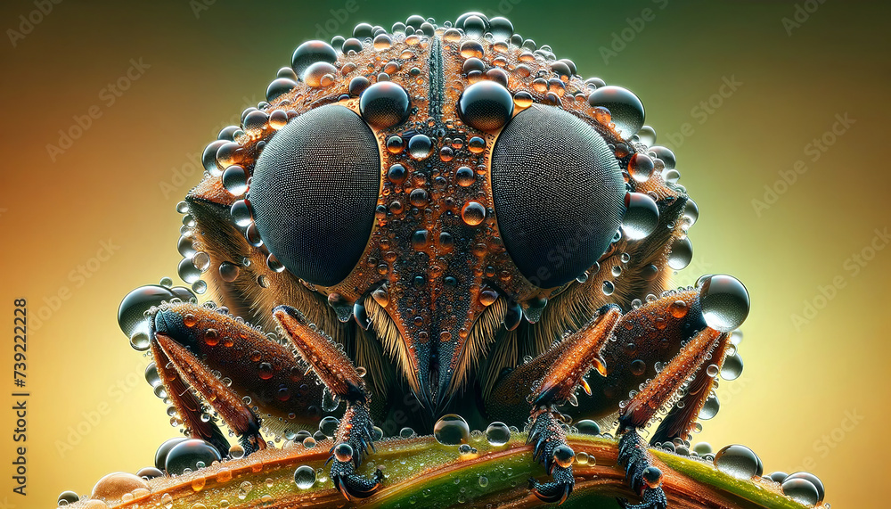Φωτογραφία Extreme close-up of a fly's head with compound eyes and antennae, covered in water droplets against a blurred green and yellow background
