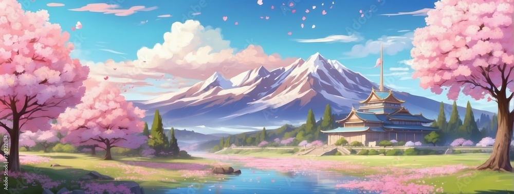 Captivating anime artwork portraying a magical landscape with cherry blossoms and a school.