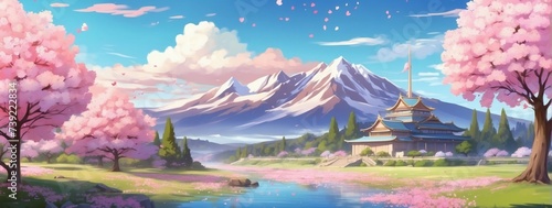 Captivating anime artwork portraying a magical landscape with cherry blossoms and a school.