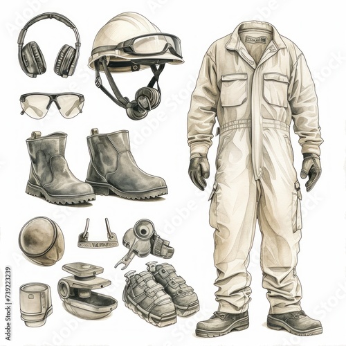 Safety Gear , Safety equipment and health. Helmet , safety glasses, coverall, ear plugs, safety shoes  photo