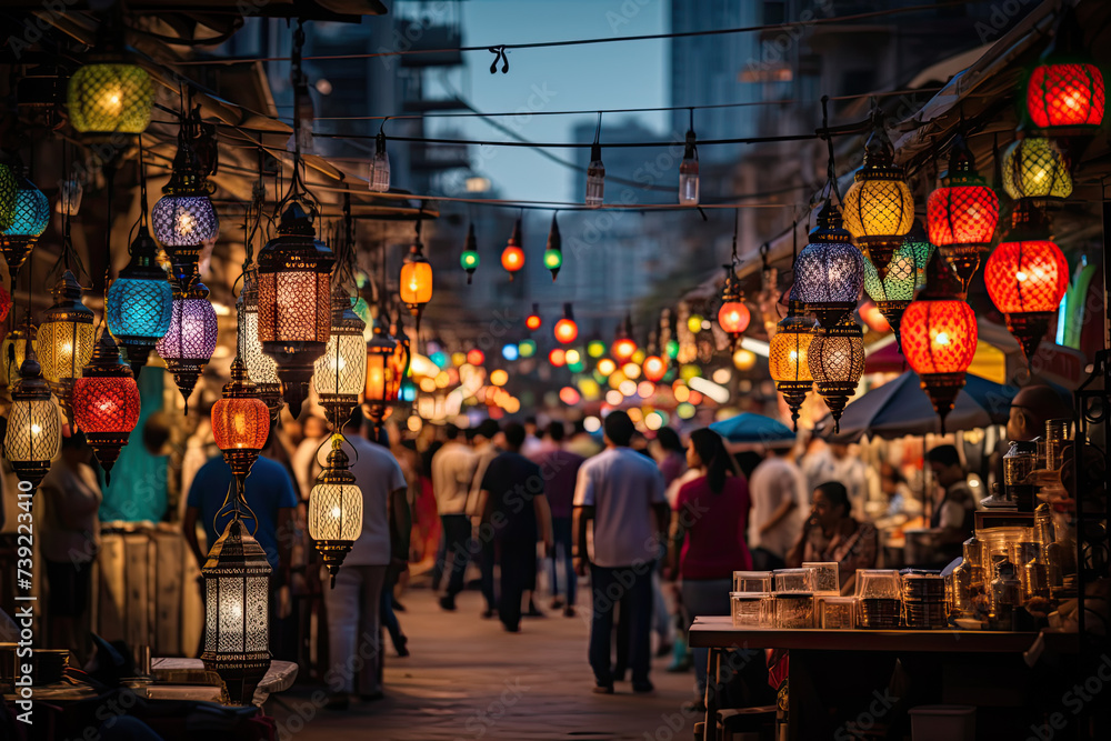 Ramadan night market glows with vibrant lights, lanterns casting a colorful spell, a lively celebration beneath the starlit canopy