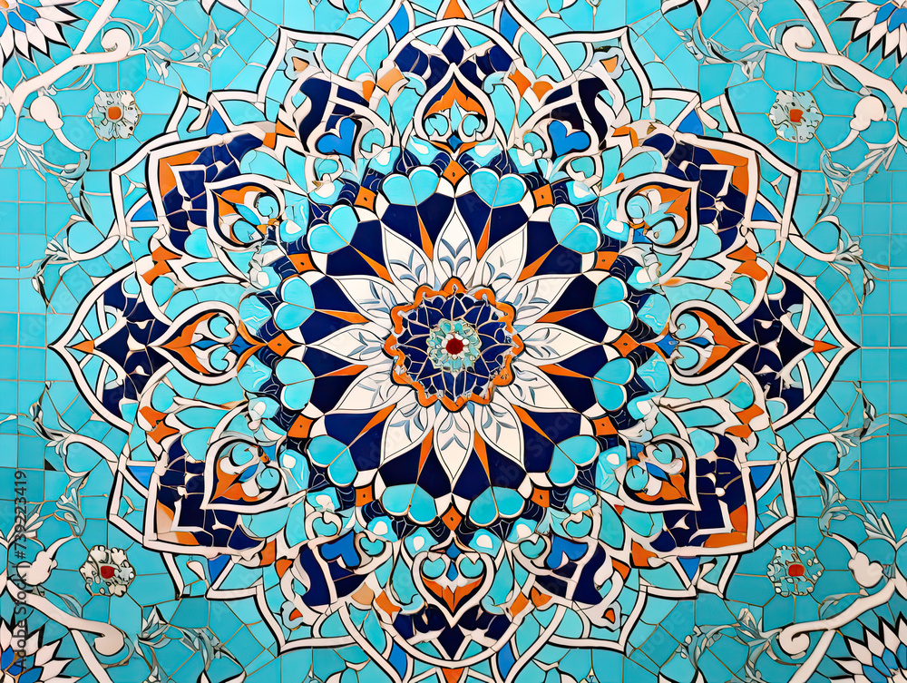 A mesmerizing Islamic mosaic unfolds, a symphony of vivid tiles meticulously forming an intricate floral motif, celebrating geometric beauty