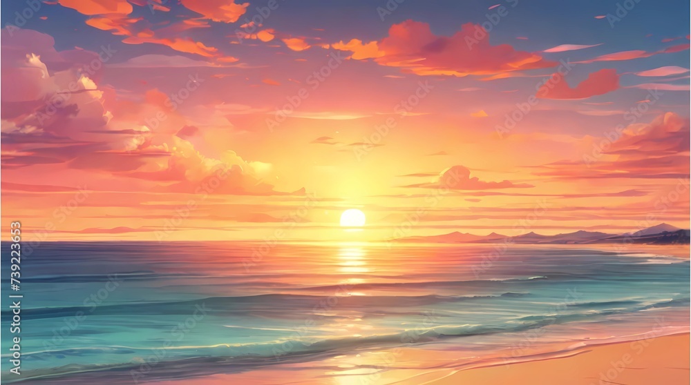Sunset or sunrise on the beach. Cartoon or anime illustration style. seamless looping 4K time-lapse virtual video animation background.