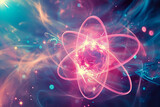 large atom model on blurred  blue background, futuristic fractal patterns, nanopunk