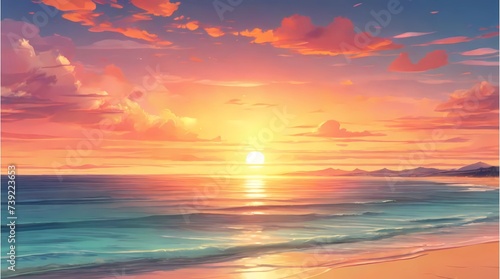Sunset or sunrise on the beach. Cartoon or anime illustration style. seamless looping 4K time-lapse virtual video animation background.