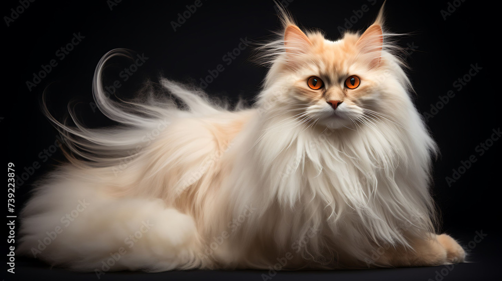 A cat with a fluffy tail curled around it.