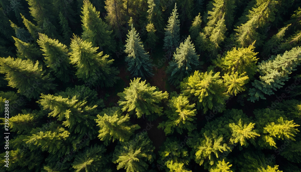 Spruce landscape from a breathtaking aerial perspective showcase the symmetrical patterns of the dense forest canopy, with sunlight filtering through in golden shafts
Spruce landscape from a breathtaking aerial perspective showcase the symmetrical patterns of the dense forest canopy, with sunlight filtering through in golden shafts