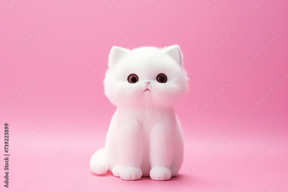 Obraz premium Cute white cat isolated on pink background. Funny cartoon character. Play dough. Clay plasticine style. Animal shelter or shop concept. Banner with copy space