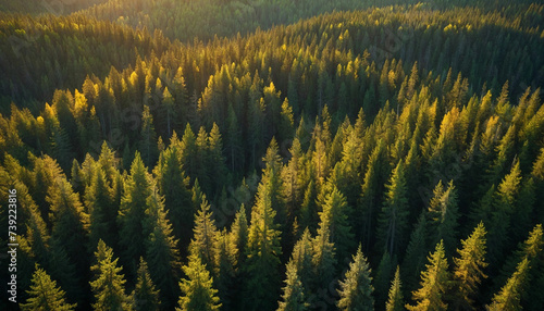 Spruce landscape from a breathtaking aerial perspective showcase the symmetrical patterns of the dense forest canopy, with sunlight filtering through in golden shafts 