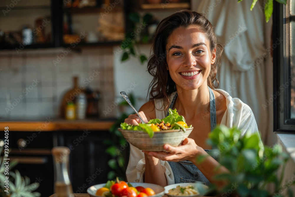 Smiling female in apron holding fresh salad at home