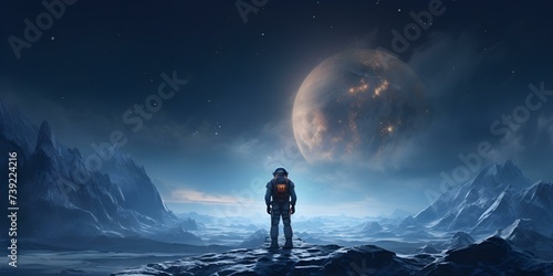 Exploration of an alien world: Astronaut standing against planet backdrop on distant horizon. Concept Alien World Exploration, Astronaut Portrait, Space Horizon, Distant Planet View