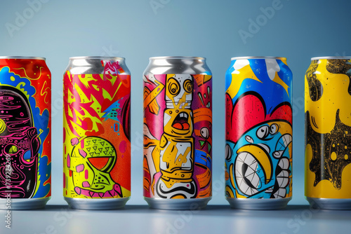 multi-colored tin cans with grafitti designs. cans stand in a row on a gray blue background. Beer cans. Aluminum cans. Close-up of a lot of multi-colored open empty cans. Recycling and reuse. Creative