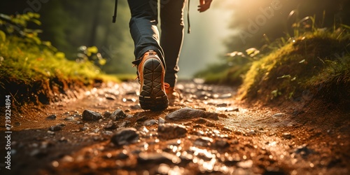 Starting an exciting journey of exploration and adventure with the first step on a hiking trail. Concept Outdoor Adventure, Hiking Trail, Exploration Journey, Nature Escapade