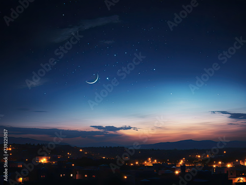 Glowing crescent guides Ramadan, bathing night in celestial light, fostering serenity and spiritual reflection under the starry embrace © Ayu Triyuniarti