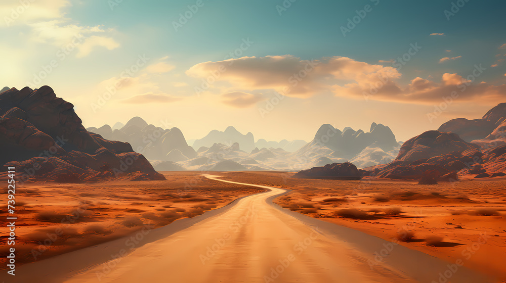 Road illustration, aerial view of road curves around beautiful scenery