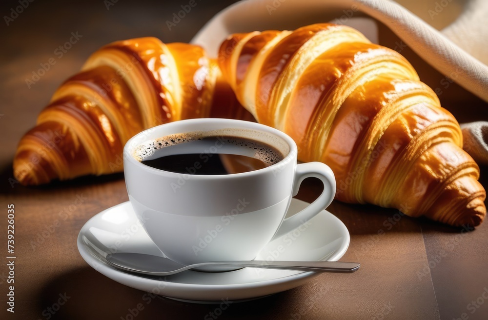 Coffee cup, beans and croissant on a wooden background on the table. The perfect breakfast in the morning Coffee cup, beans and croissant on a wooden background on the table. The perfect breakfast in the morning