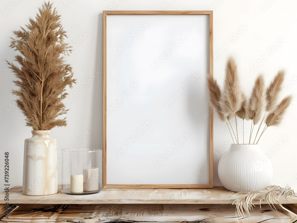 minimalistic vertical wooden frame mockup on a rustic shelf with earth tone decoration