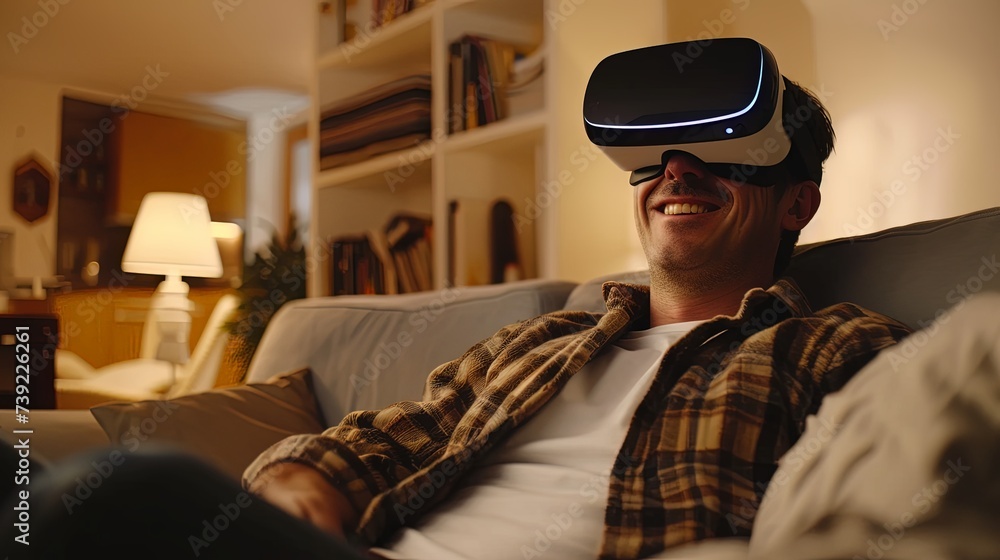 White man with virtual reality headset on chouch. White man with virtual reality headset on chouch.