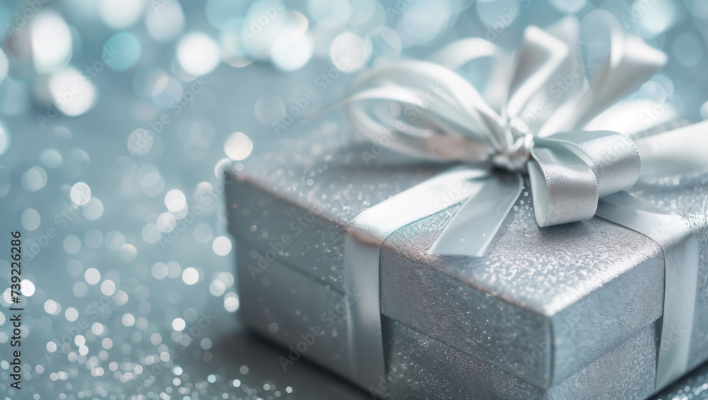 Gift box with silver-speckled wrapping paper, adorned with a silver ribbon, glitter, and light reflections in the background...... Gift box with silver-speckled wrapping paper, adorned with a silver ribbon, glitter, and light reflections in the background......