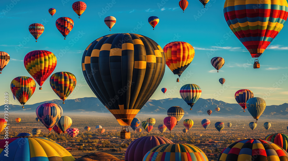 Obraz premium Dawn breaks as a myriad of vibrant hot air balloons ascend into the clear sky above a scenic mountain landscape, a spectacle of color