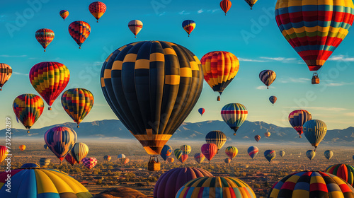 Dawn breaks as a myriad of vibrant hot air balloons ascend into the clear sky above a scenic mountain landscape, a spectacle of color